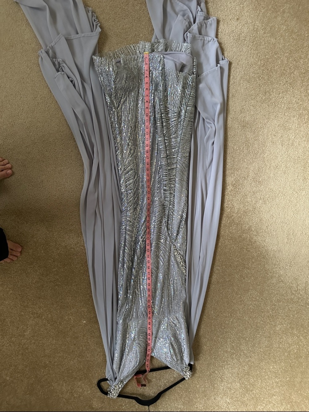Portia and Scarlett Silver Sequined Gown with Lilac Chiffon Cape - Picture 5 of 8